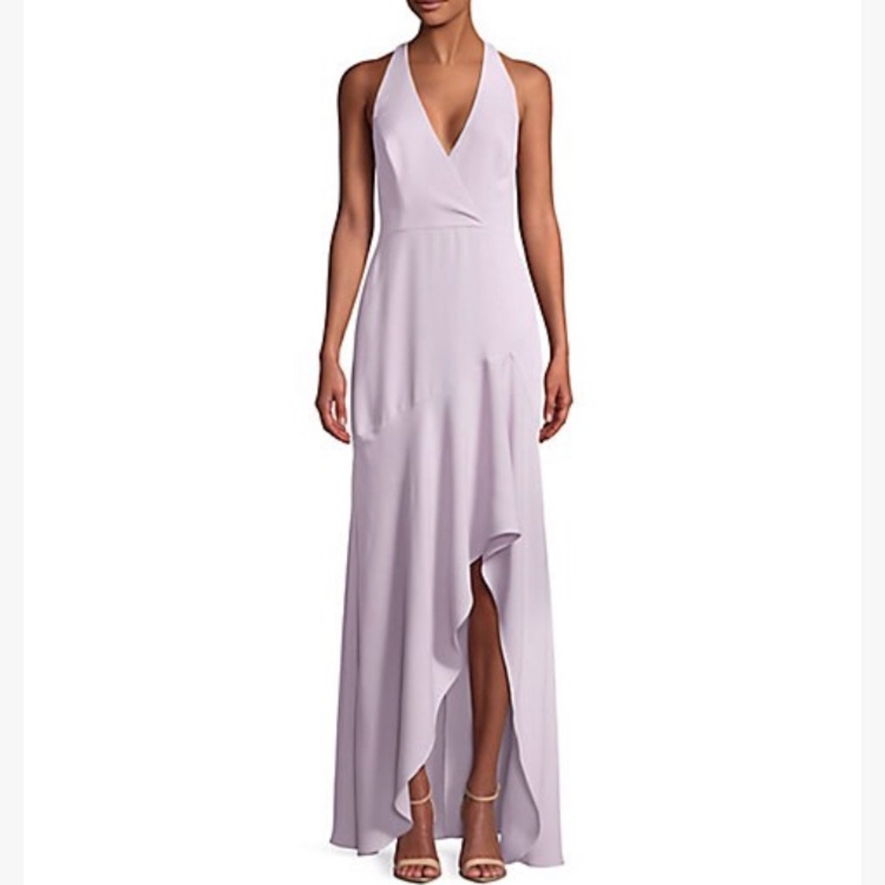 BCBG asymmetrical lavender halter gown